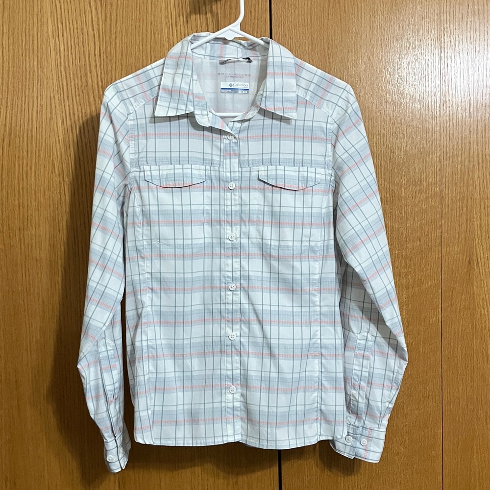 Columbia Silver Ridge Lite Omni-Shade Women’s White Pink Green Plaid Shirt Sz M